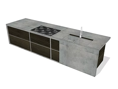 Modern Kitchen Island Cabinets With Gray Countertop Gas Stove And Sink 3d model