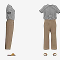 Striped Short Sleeve Top And Khaki Long Pants Outfit With Brown Sandals