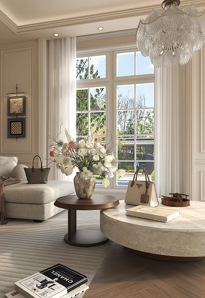 Round Coffee Table in Elegant Living Room with Vase Handbag Book and Window View 3d model