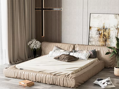 Beige Elegant Double Bed With Decorative Pillows White Flowers Curtains And Abstract Painting 3d model