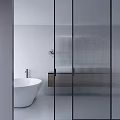 Modern Bathroom Sliding Door With Ribbed Glass Wooden Vanity And White Bathtub