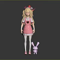 Game Anime Character With Blonde Hair Red Bow Pink Apron And Purple Rabbit Doll