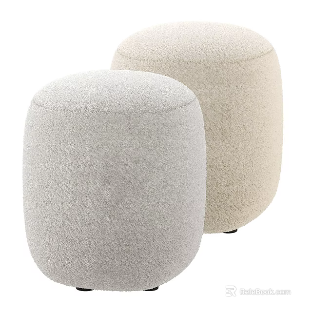 Two Fluffy Plush Ottoman Stools in Light Gray and Beige Modern Living Room Design 3d model 