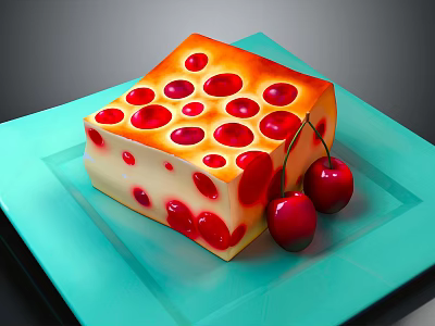 Delicious Square Yellow And White Cake Decorated With Red Cherry Toppings On Blue Plate 3d model