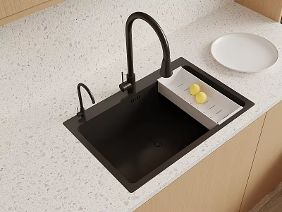 Black Kitchen Sink With White Drainboard And Lemons Black Faucet On Light Countertop Wooden Cabinets 3d model