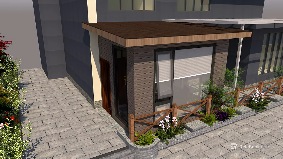 Detached Villa Exterior With Brown Roof Wooden Fence Courtyard Plants And Stone Paved Ground 3d model 
