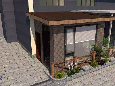 Detached Villa Exterior With Brown Roof Wooden Fence Courtyard Plants And Stone Paved Ground 3d model