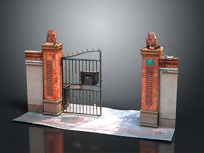 Entry Gate With Wrought Iron And Ornate Red Brick Pillars Number 227 On Stone Ground 3d model