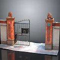 Entry Gate With Wrought Iron And Ornate Red Brick Pillars Number 227 On Stone Ground