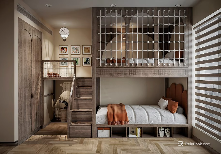Kids Room Interior With Bunk Bed Netted Guardrail Wooden Stairs Orange Blanket And Picture Frames 3d model 