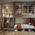 Kids Room Interior With Bunk Bed Netted Guardrail Wooden Stairs Orange Blanket And Picture Frames