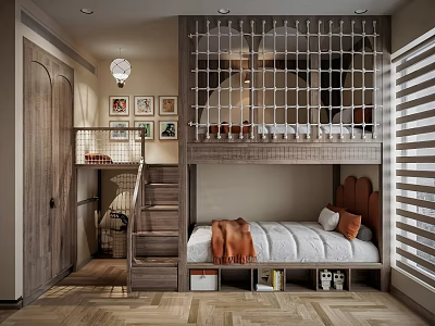 Kids Room Interior With Bunk Bed Netted Guardrail Wooden Stairs Orange Blanket And Picture Frames 3d model