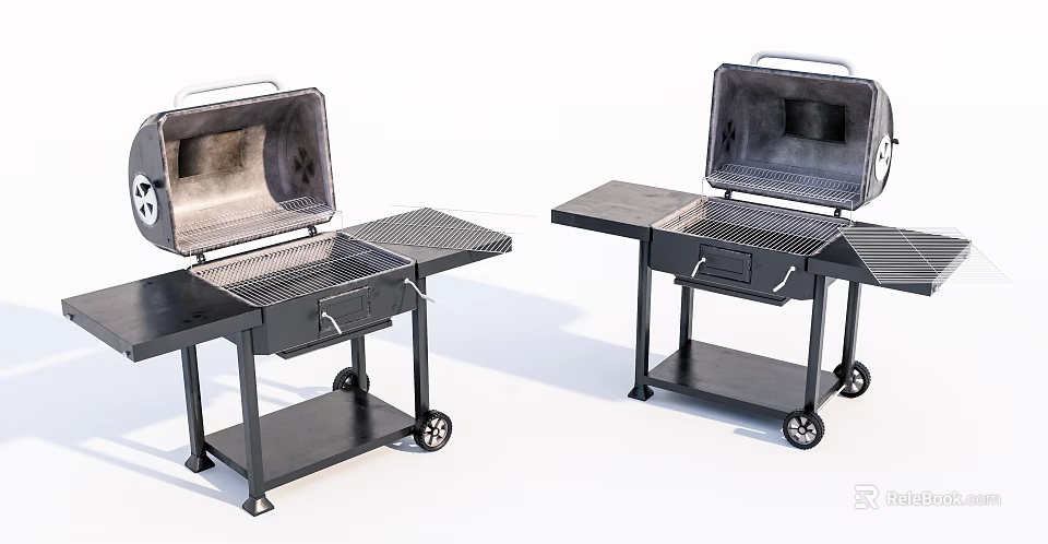 Portable Black Grills With Open Lids Foldable Side Tables And Rolling Wheels 3d model 