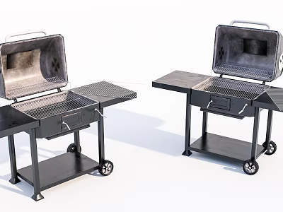 Portable Black Grills With Open Lids Foldable Side Tables And Rolling Wheels 3d model