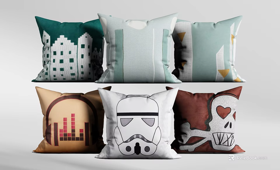 Stylish Decorative Throw Pillows Featuring Building Geometric Headphone Stormtrooper Skull Heart Patterns 3d model