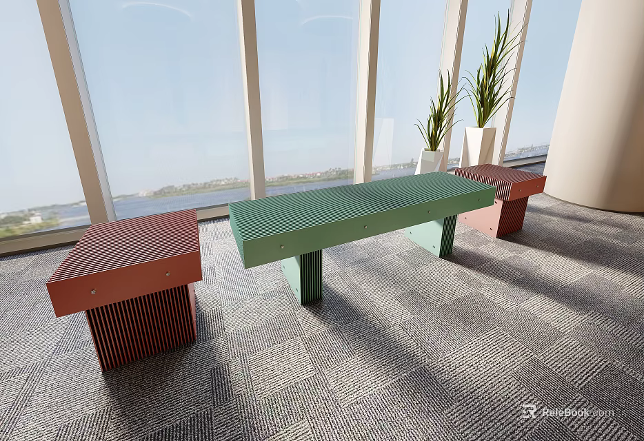 Colorful Public Benches With Modern Design In Indoor Area By Large Windows And Plants 3d model 
