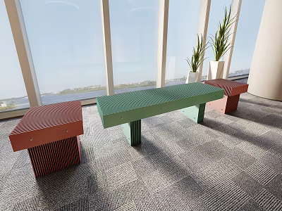 Colorful Public Benches With Modern Design In Indoor Area By Large Windows And Plants 3d model