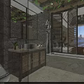 Hotel Guest Room Bathroom Featuring Stone Walls Wooden Cabinet Bathtub Shutter Windows And City View