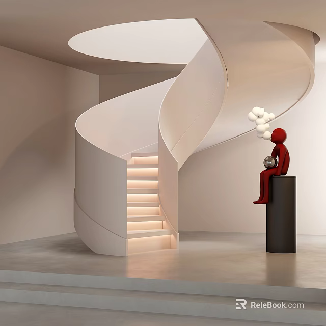 Modern White Spiral Staircase With Illuminated Steps And Red Sculpture On Black Pedestal 3d model 
