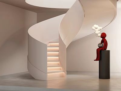Modern White Spiral Staircase With Illuminated Steps And Red Sculpture On Black Pedestal 3d model