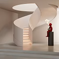 Modern White Spiral Staircase With Illuminated Steps And Red Sculpture On Black Pedestal