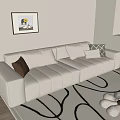 Beige Sectional Sofa with Orange Gray Checkered Pillows and Patterned Rug 3d model
