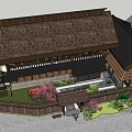 Traditional Guesthouse With Thatched Roof Wooden Structure Cherry Blossom Trees And Stone Wall