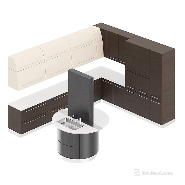 Modern Open Kitchen Interior Featuring Dark Brown And White Cabinets With Round Sink Island 3d model