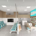 Modern Pharmacy Interior With Blue Waiting Chairs Medicine Shelves And Service Counter