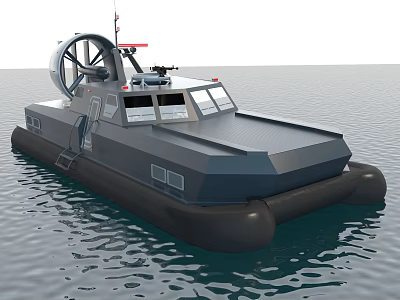 Military Hovercraft Warship Sailing On Water Surface With Top Mounted Fan And Weapons 3d model
