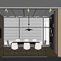 Modern Meeting Room Interior Design With Large Windows City View Linear Chandelier And White Chairs