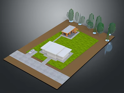 Modern Residential House Exterior With Driveway Landscaped Lawn Patio Shelter And Trees 3d model