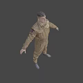 Man in Brown Jumpsuit Standing with Arms Outstretched on Gray Background
