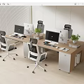 Modern Wooden Office Desk With Multiple Computer Monitors Ergonomic Chairs Potted Plants And Storage Cabinets