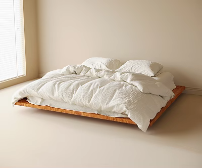 Light Colored Room Double Bed With Wooden Frame White Bedding And Window Blinds 3d model