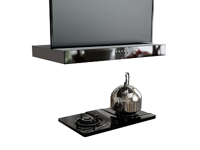 Black Range Hood And Gas Stove With Stainless Steel Kettle In Modern Kitchen 3d model