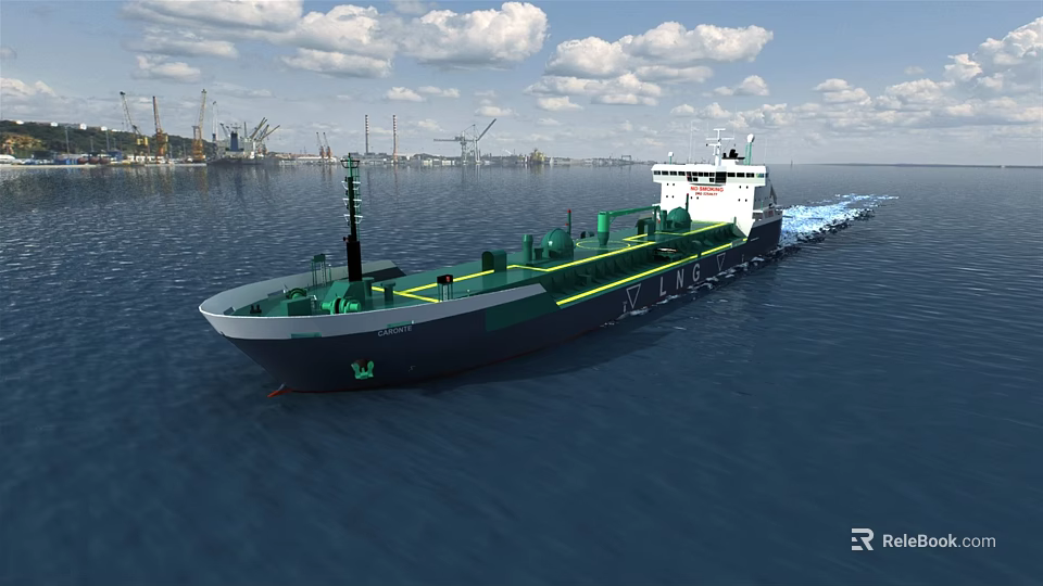 Large Modern Ship Sailing On Sea Near Port With Cranes 3d model 