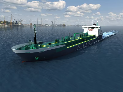 Large Modern Ship Sailing On Sea Near Port With Cranes 3d model