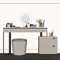 Minimalist Dressing Table With Round Mirror White Flowers Cosmetics Stool And Side Cabinet 3d model