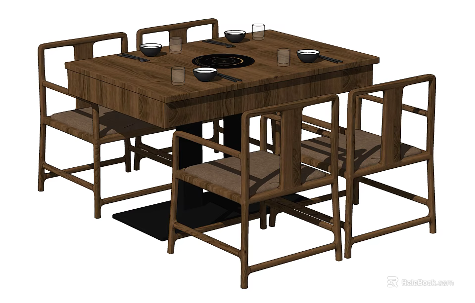 Chinese Style Wooden Dining Table Set With Four Chairs And Tabletop Bowls Cups 3d model 
