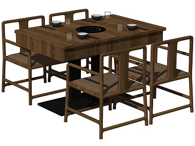 Chinese Style Wooden Dining Table Set With Four Chairs And Tabletop Bowls Cups 3d model