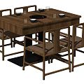 Chinese Style Wooden Dining Table Set With Four Chairs And Tabletop Bowls Cups
