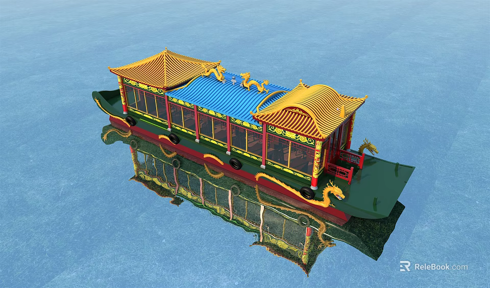 Traditional Wooden Boat with Yellow Roof Blue Top Red Dragon Decorations on Water with Reflection 3d model 
