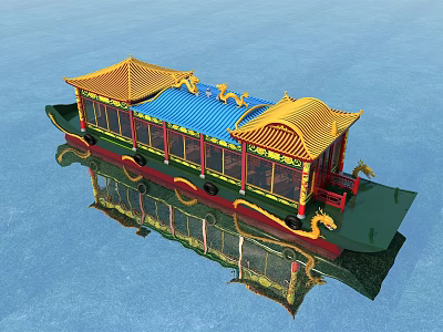 Traditional Wooden Boat with Yellow Roof Blue Top Red Dragon Decorations on Water with Reflection 3d model
