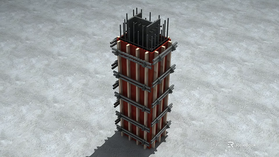 Structural Concrete Column Under Construction With Steel Bars And Formwork Bracing 3d model 