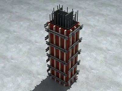 Structural Concrete Column Under Construction With Steel Bars And Formwork Bracing 3d model