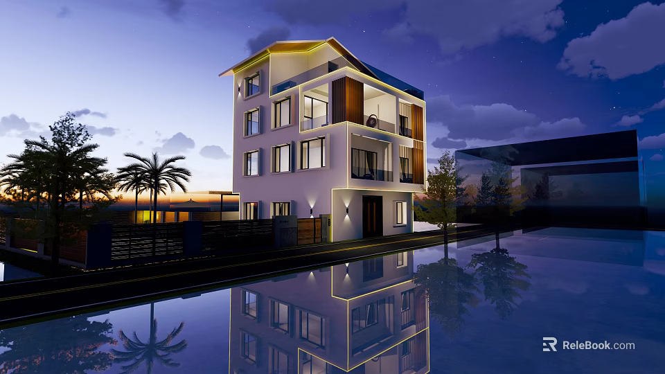 Modern Detached Villa With Multi Story Design Large Windows And Water Reflection 3d model 