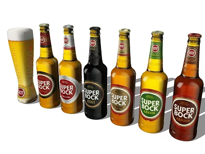 Display Of Assorted SUPER BOCK Beer Bottles In Various Colors With Filled Glass 3d model