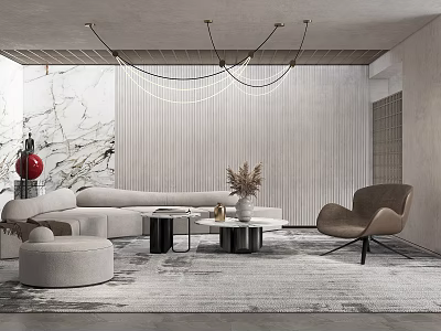 Modern Living Room Interior With Sofa Accent Chair Coffee Table Marble Wall And Chandelier 3d model
