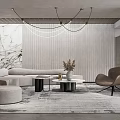 Modern Living Room Interior With Sofa Accent Chair Coffee Table Marble Wall And Chandelier